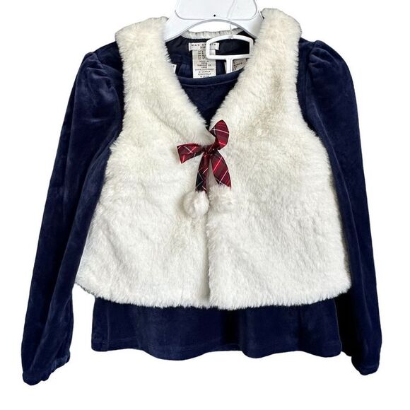 Max Studio Christmas Holiday Set Velvet Blouse Fuzzy Vest W/ Pom Pom Bows - Picture 1 of 5